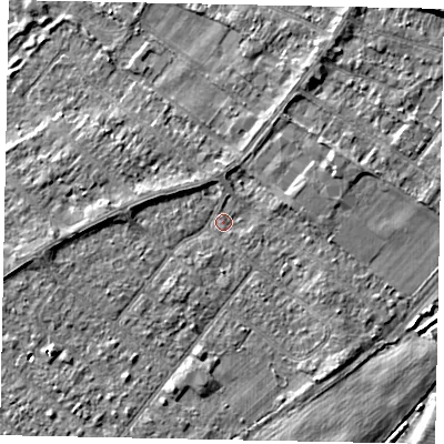 Shaded relief map of the ground around TW208EH, computed from Environment Agency LiDAR. The ground here sits at about 15 m above sea level and falls 5 m across the surrounding 800 m. Surface water reaching this point runs off ground lying to the west, 2.0 m higher.