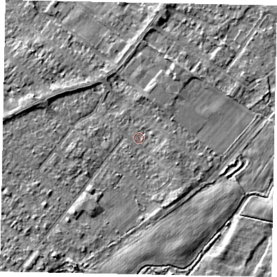 Shaded relief map of the ground around TW208EJ, computed from Environment Agency LiDAR. The ground here sits at about 14 m above sea level and falls 3 m across the surrounding 800 m. Surface water reaching this point runs off ground lying to the west-north-west, 2.0 m higher.