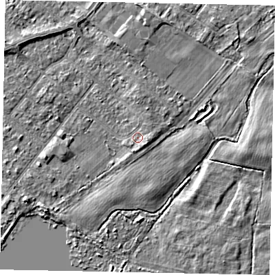 Shaded relief map of the ground around TW208EL, computed from Environment Agency LiDAR. The ground here sits at about 15 m above sea level and falls 3 m across the surrounding 800 m. Surface water reaching this point runs off ground lying to the east-south-east, 1.6 m higher.