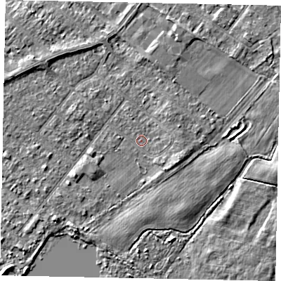 Shaded relief map of the ground around TW208EN, computed from Environment Agency LiDAR. The ground here sits at about 14 m above sea level and falls 3 m across the surrounding 800 m. Surface water reaching this point runs off ground lying to the north-north-west, 1.1 m higher.