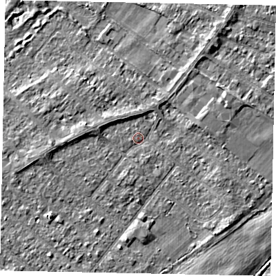 Shaded relief map of the ground around TW208EQ, computed from Environment Agency LiDAR. The ground here sits at about 15 m above sea level and falls 3 m across the surrounding 800 m. Surface water reaching this point runs off ground lying to the west, 1.9 m higher.