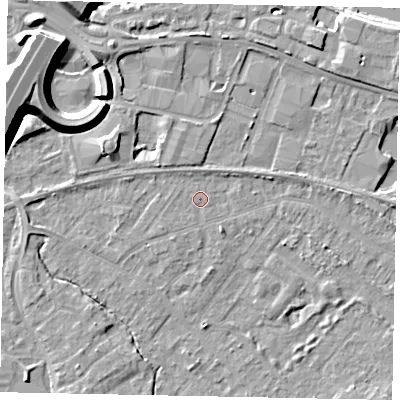 Shaded relief map of the ground around TW208ES, computed from Environment Agency LiDAR. The ground here sits at about 15 m above sea level and falls 12 m across the surrounding 800 m. Surface water reaching this point runs off ground lying to the west-south-west, 0.7 m higher.