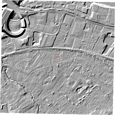 Shaded relief map of the ground around TW208ET, computed from Environment Agency LiDAR. The ground here sits at about 15 m above sea level and falls 12 m across the surrounding 800 m. Surface water reaching this point runs off ground lying to the north-north-west, 1.2 m higher.