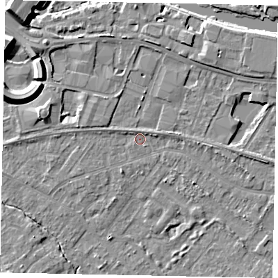 Shaded relief map of the ground around TW208EU, computed from Environment Agency LiDAR. The ground here sits at about 15 m above sea level and falls 11 m across the surrounding 800 m. Surface water reaching this point runs off ground lying to the north-east, 1.2 m higher.