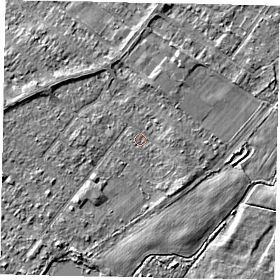 Shaded relief map of the ground around TW208EW, computed from Environment Agency LiDAR. The ground here sits at about 14 m above sea level and falls 3 m across the surrounding 800 m. Surface water reaching this point runs off ground lying to the east, 1.4 m higher.