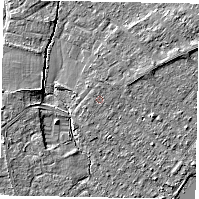 Shaded relief map of the ground around TW208HA, computed from Environment Agency LiDAR. The ground here sits at about 15 m above sea level and falls 5 m across the surrounding 800 m. Surface water reaching this point runs off ground lying to the north-north-east, 0.7 m higher.