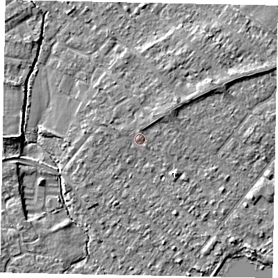 Shaded relief map of the ground around TW208HB, computed from Environment Agency LiDAR. The ground here sits at about 15 m above sea level and falls 5 m across the surrounding 800 m. Surface water reaching this point runs off ground lying to the north-north-east, 1.1 m higher.