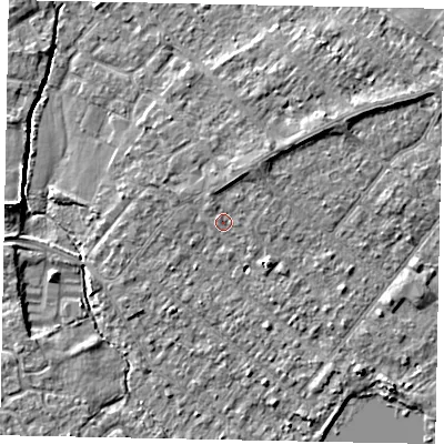 Shaded relief map of the ground around TW208HD, computed from Environment Agency LiDAR. The ground here sits at about 15 m above sea level and falls 4 m across the surrounding 800 m. Surface water reaching this point runs off ground lying to the north, 1.2 m higher.