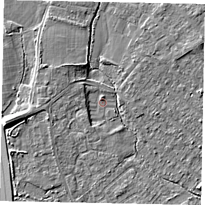 Shaded relief map of the ground around TW208HE, computed from Environment Agency LiDAR. The ground here sits at about 14 m above sea level and falls 10 m across the surrounding 800 m. Surface water reaching this point runs off ground lying to the west, 6.5 m higher.
