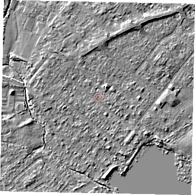 Shaded relief map of the ground around TW208HG, computed from Environment Agency LiDAR. The ground here sits at about 14 m above sea level and falls 4 m across the surrounding 800 m. Surface water reaching this point runs off ground lying to the north, 2.3 m higher.