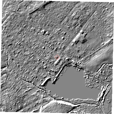 Shaded relief map of the ground around TW208HH, computed from Environment Agency LiDAR. The ground here sits at about 15 m above sea level and falls 4 m across the surrounding 800 m. Surface water reaching this point runs off ground lying to the west-south-west, 0.8 m higher.