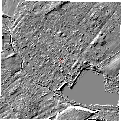 Shaded relief map of the ground around TW208HJ, computed from Environment Agency LiDAR. The ground here sits at about 14 m above sea level and falls 4 m across the surrounding 800 m. Surface water reaching this point runs off ground lying to the west-north-west, 1.3 m higher.