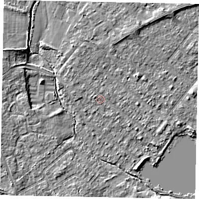 Shaded relief map of the ground around TW208HL, computed from Environment Agency LiDAR. The ground here sits at about 15 m above sea level and falls 5 m across the surrounding 800 m. Surface water reaching this point runs off ground lying to the north-north-west, 0.7 m higher.