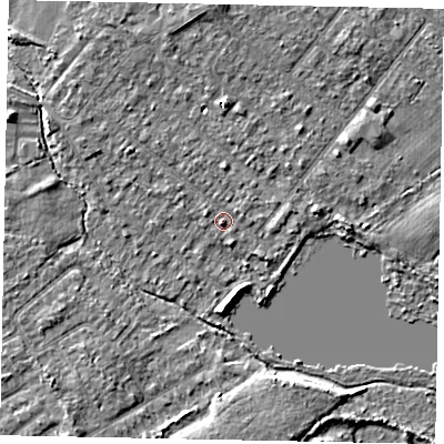 Shaded relief map of the ground around TW208HN, computed from Environment Agency LiDAR. The ground here sits at about 15 m above sea level and falls 4 m across the surrounding 800 m. Surface water reaching this point runs off ground lying to the north-west, 1.3 m higher.