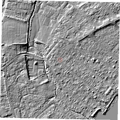 Shaded relief map of the ground around TW208HP, computed from Environment Agency LiDAR. The ground here sits at about 15 m above sea level and falls 5 m across the surrounding 800 m. Surface water reaching this point runs off ground lying to the north-north-east, 0.9 m higher.