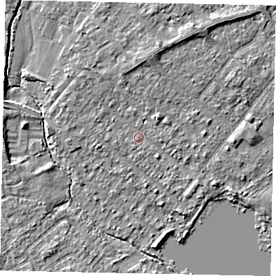 Shaded relief map of the ground around TW208HQ, computed from Environment Agency LiDAR. The ground here sits at about 14 m above sea level and falls 4 m across the surrounding 800 m. Surface water reaching this point runs off ground lying to the north, 2.3 m higher.