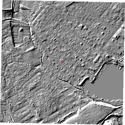 Shaded relief map of the ground around TW208HR, computed from Environment Agency LiDAR. The ground here sits at about 14 m above sea level and falls 5 m across the surrounding 800 m. Surface water reaching this point runs off ground lying to the north-north-west, 1.5 m higher.