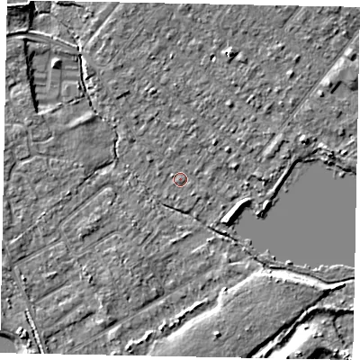 Shaded relief map of the ground around TW208HS, computed from Environment Agency LiDAR. The ground here sits at about 14 m above sea level and falls 6 m across the surrounding 800 m. The ground contributing surface water to this point lies to the south-east.