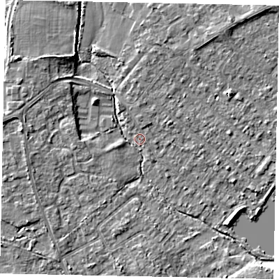 Shaded relief map of the ground around TW208HT, computed from Environment Agency LiDAR. The ground here sits at about 14 m above sea level and falls 5 m across the surrounding 800 m. Surface water reaching this point runs off ground lying to the west, 4.9 m higher.