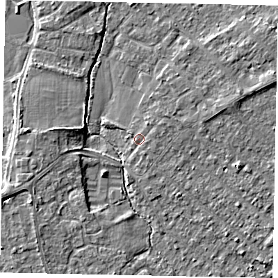 Shaded relief map of the ground around TW208HU, computed from Environment Agency LiDAR. The ground here sits at about 15 m above sea level and falls 6 m across the surrounding 800 m. Surface water reaching this point runs off ground lying to the north-north-east, 0.9 m higher.