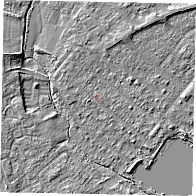 Shaded relief map of the ground around TW208HW, computed from Environment Agency LiDAR. The ground here sits at about 15 m above sea level and falls 5 m across the surrounding 800 m. Surface water reaching this point runs off ground lying to the north-north-west, 0.7 m higher.