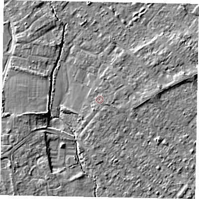 Shaded relief map of the ground around TW208HX, computed from Environment Agency LiDAR. The ground here sits at about 15 m above sea level and falls 5 m across the surrounding 800 m. Surface water reaching this point runs off ground lying to the east-south-east, 1.0 m higher.