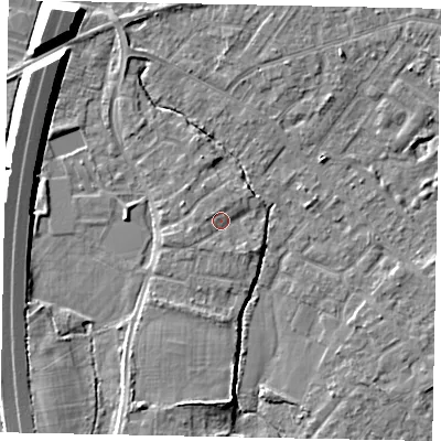 Shaded relief map of the ground around TW208JA, computed from Environment Agency LiDAR. The ground here sits at about 16 m above sea level and falls 11 m across the surrounding 800 m. Surface water reaching this point runs off ground lying to the west, 1.4 m higher.