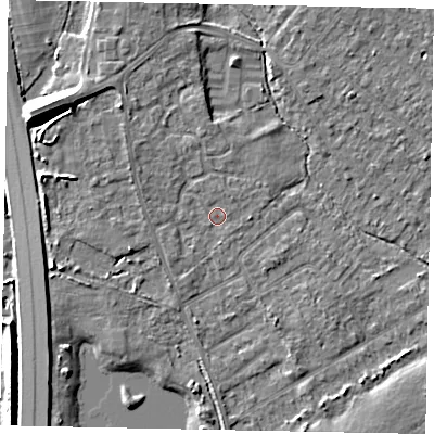 Shaded relief map of the ground around TW208JH, computed from Environment Agency LiDAR. The ground here sits at about 16 m above sea level and falls 10 m across the surrounding 800 m. Surface water reaching this point runs off ground lying to the north-west, 4.4 m higher.