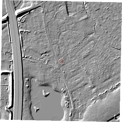 Shaded relief map of the ground around TW208JJ, computed from Environment Agency LiDAR. The ground here sits at about 16 m above sea level and falls 10 m across the surrounding 800 m. Surface water reaching this point runs off ground lying to the west, 2.8 m higher.