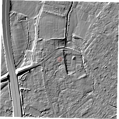 Shaded relief map of the ground around TW208JP, computed from Environment Agency LiDAR. The ground here sits at about 16 m above sea level and falls 10 m across the surrounding 800 m. Surface water reaching this point runs off ground lying to the west-south-west, 1.8 m higher.