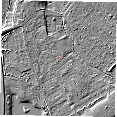 Shaded relief map of the ground around TW208JQ, computed from Environment Agency LiDAR. The ground here sits at about 16 m above sea level and falls 9 m across the surrounding 800 m. Surface water reaching this point runs off ground lying to the west-north-west, 0.6 m higher.