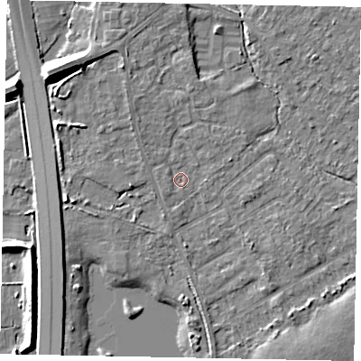 Shaded relief map of the ground around TW208JS, computed from Environment Agency LiDAR. The ground here sits at about 16 m above sea level and falls 10 m across the surrounding 800 m. Surface water reaching this point runs off ground lying to the north-west, 4.4 m higher.
