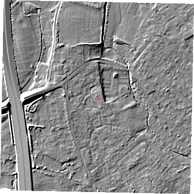 Shaded relief map of the ground around TW208JW, computed from Environment Agency LiDAR. The ground here sits at about 16 m above sea level and falls 10 m across the surrounding 800 m. Surface water reaching this point runs off ground lying to the west-south-west, 1.1 m higher.