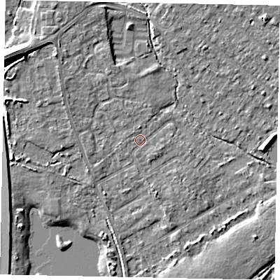 Shaded relief map of the ground around TW208JX, computed from Environment Agency LiDAR. The ground here sits at about 16 m above sea level and falls 9 m across the surrounding 800 m. Surface water reaching this point runs off ground lying to the north-west, 4.6 m higher.