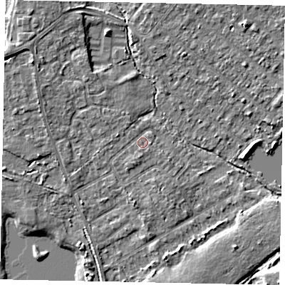 Shaded relief map of the ground around TW208JY, computed from Environment Agency LiDAR. The ground here sits at about 15 m above sea level and falls 6 m across the surrounding 800 m. Surface water reaching this point runs off ground lying to the west, 2.8 m higher.
