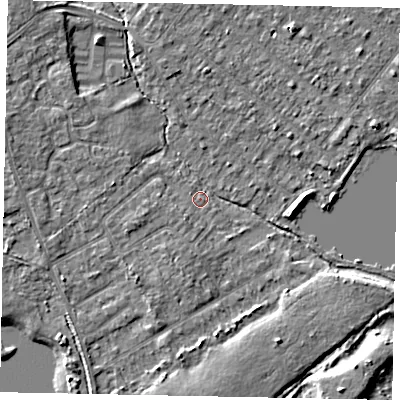 Shaded relief map of the ground around TW208JZ, computed from Environment Agency LiDAR. The ground here sits at about 15 m above sea level and falls 6 m across the surrounding 800 m. Surface water reaching this point runs off ground lying to the south-west, 1.8 m higher.