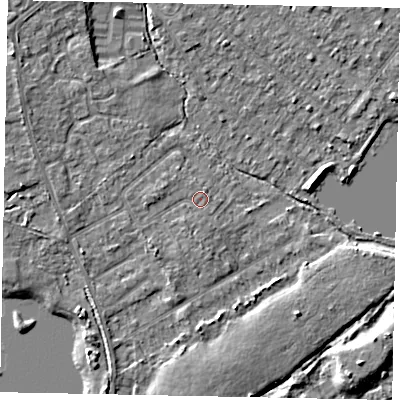 Shaded relief map of the ground around TW208LA, computed from Environment Agency LiDAR. The ground here sits at about 16 m above sea level and falls 6 m across the surrounding 800 m. Surface water reaching this point runs off ground lying to the south-south-east, 0.6 m higher.