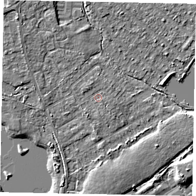 Shaded relief map of the ground around TW208LB, computed from Environment Agency LiDAR. The ground here sits at about 16 m above sea level and falls 6 m across the surrounding 800 m. Surface water reaching this point runs off ground lying to the south-south-west, 1.6 m higher.