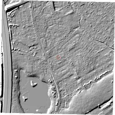 Shaded relief map of the ground around TW208LD, computed from Environment Agency LiDAR. The ground here sits at about 16 m above sea level and falls 10 m across the surrounding 800 m. Surface water reaching this point runs off ground lying to the west, 2.9 m higher.