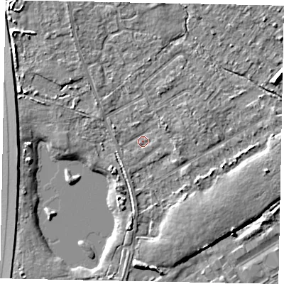 Shaded relief map of the ground around TW208LJ, computed from Environment Agency LiDAR. The ground here sits at about 15 m above sea level and falls 6 m across the surrounding 800 m. Surface water reaching this point runs off ground lying to the south, 3.3 m higher.