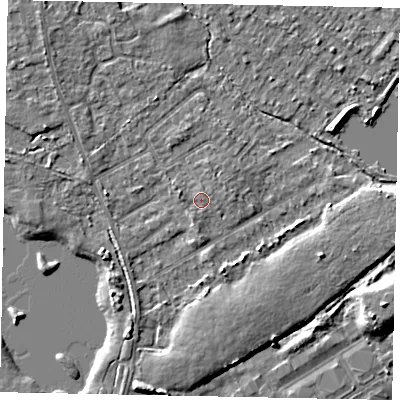 Shaded relief map of the ground around TW208LP, computed from Environment Agency LiDAR. The ground here sits at about 16 m above sea level and falls 6 m across the surrounding 800 m. Surface water reaching this point runs off ground lying to the south-south-west, 0.9 m higher.