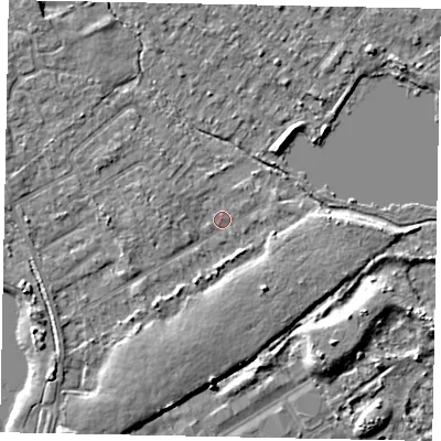 Shaded relief map of the ground around TW208LR, computed from Environment Agency LiDAR. The ground here sits at about 15 m above sea level and falls 6 m across the surrounding 800 m. Surface water reaching this point runs off ground lying to the south-west, 2.5 m higher.