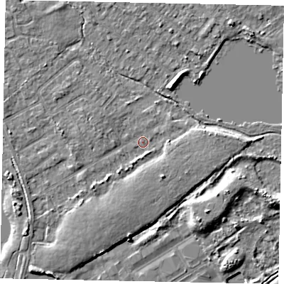 Shaded relief map of the ground around TW208LS, computed from Environment Agency LiDAR. The ground here sits at about 15 m above sea level and falls 6 m across the surrounding 800 m. Surface water reaching this point runs off ground lying to the south-west, 2.5 m higher.