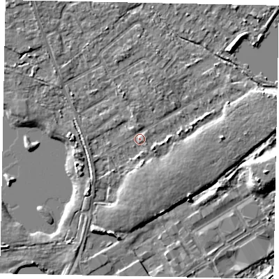 Shaded relief map of the ground around TW208LT, computed from Environment Agency LiDAR. The ground here sits at about 16 m above sea level and falls 6 m across the surrounding 800 m. Surface water reaching this point runs off ground lying to the south-south-west, 3.3 m higher.