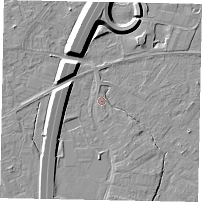 Shaded relief map of the ground around TW208NG, computed from Environment Agency LiDAR. The ground here sits at about 16 m above sea level and falls 12 m across the surrounding 800 m. Surface water reaching this point runs off ground lying to the south, 2.3 m higher.