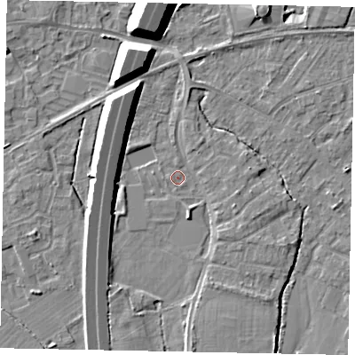 Shaded relief map of the ground around TW208NH, computed from Environment Agency LiDAR. The ground here sits at about 15 m above sea level and falls 12 m across the surrounding 800 m. Surface water reaching this point runs off ground lying to the north-west, 8.0 m higher.