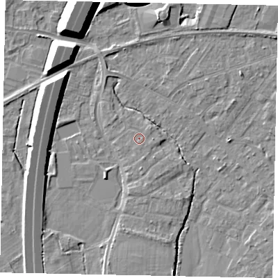 Shaded relief map of the ground around TW208NJ, computed from Environment Agency LiDAR. The ground here sits at about 16 m above sea level and falls 12 m across the surrounding 800 m. Surface water reaching this point runs off ground lying to the east, 1.0 m higher.