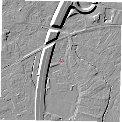 Shaded relief map of the ground around TW208NL, computed from Environment Agency LiDAR. The ground here sits at about 15 m above sea level and falls 12 m across the surrounding 800 m. Surface water reaching this point runs off ground lying to the north-west, 7.9 m higher.