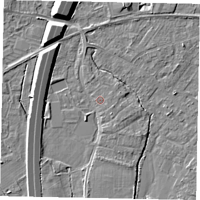 Shaded relief map of the ground around TW208NN, computed from Environment Agency LiDAR. The ground here sits at about 16 m above sea level and falls 11 m across the surrounding 800 m. The ground contributing surface water to this point lies to the north-north-east.