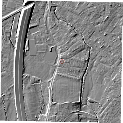Shaded relief map of the ground around TW208NP, computed from Environment Agency LiDAR. The ground here sits at about 16 m above sea level and falls 10 m across the surrounding 800 m. Surface water reaching this point runs off ground lying to the north-east, 1.2 m higher.